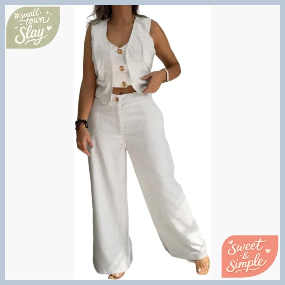Large Women's Linen Blend Vest Pants Set, Summer Matching Outfit